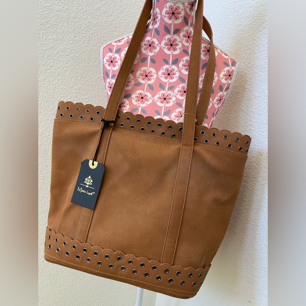 Brown Faux Suede Tote Bag with Scalloped Edges NWT